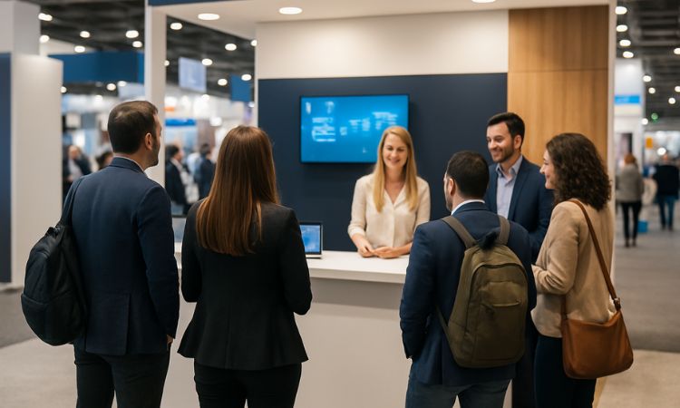 Personnes de deux dos discutant sur un stand professionnel