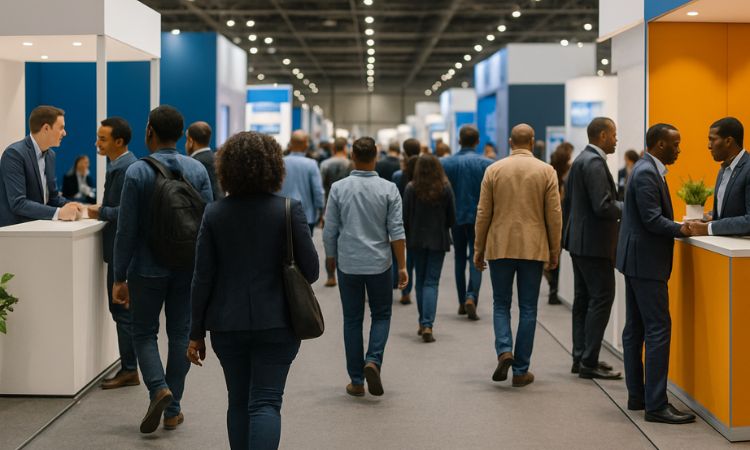 Personnes de dos dans l’allée d’un événement avec des stands de part et d’autre