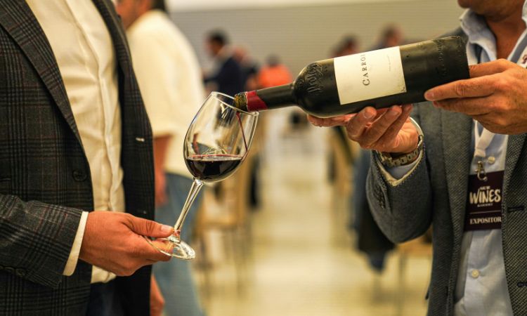 Gros plan sur une personne versant du vin dans le verre d’une autre personne sur un salon